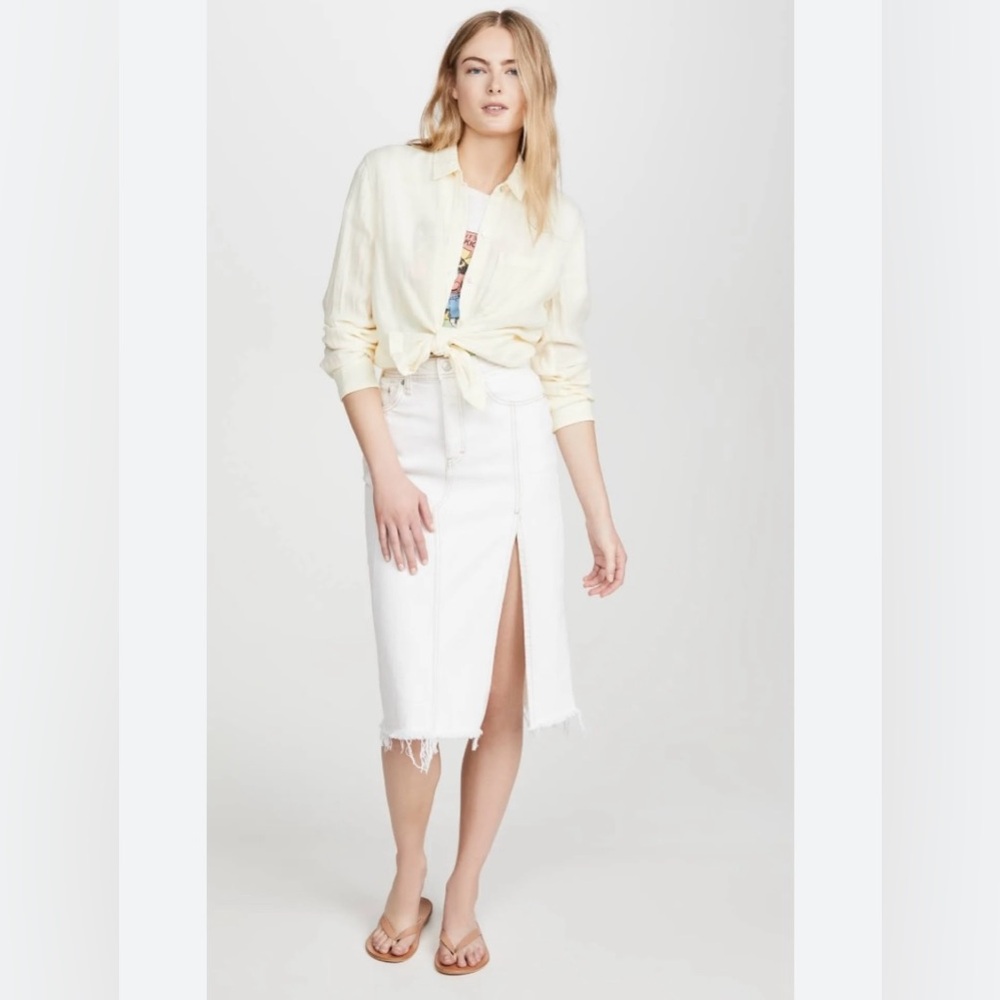 We The Free by Free People White Denim Midi Skirt Size 29 Raw Hem Slit
